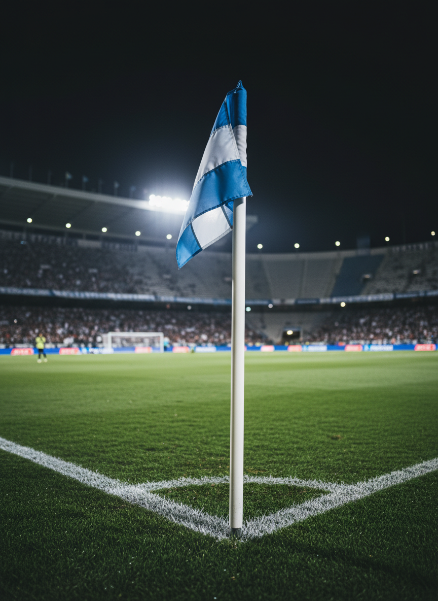 A dramatic, close-up night shot of a corner flag in an Argentine football stadium, its fabric in crisp blue and white stripes fluttering slightly above a bright white corner arc line. Floodlights high above cast intense, cool white beams that illuminate the nearby grass with high contrast, each blade of turf richly textured and slightly damp with dew. In the distance, the stands and advertising boards dissolve into a soft, colorful bokeh of lights and indistinct shapes. Captured from a very low angle near the turf, the composition uses shallow depth of field to keep the flag and corner area razor sharp. The atmosphere feels electric, professional, and ready for viral late-night match stories.