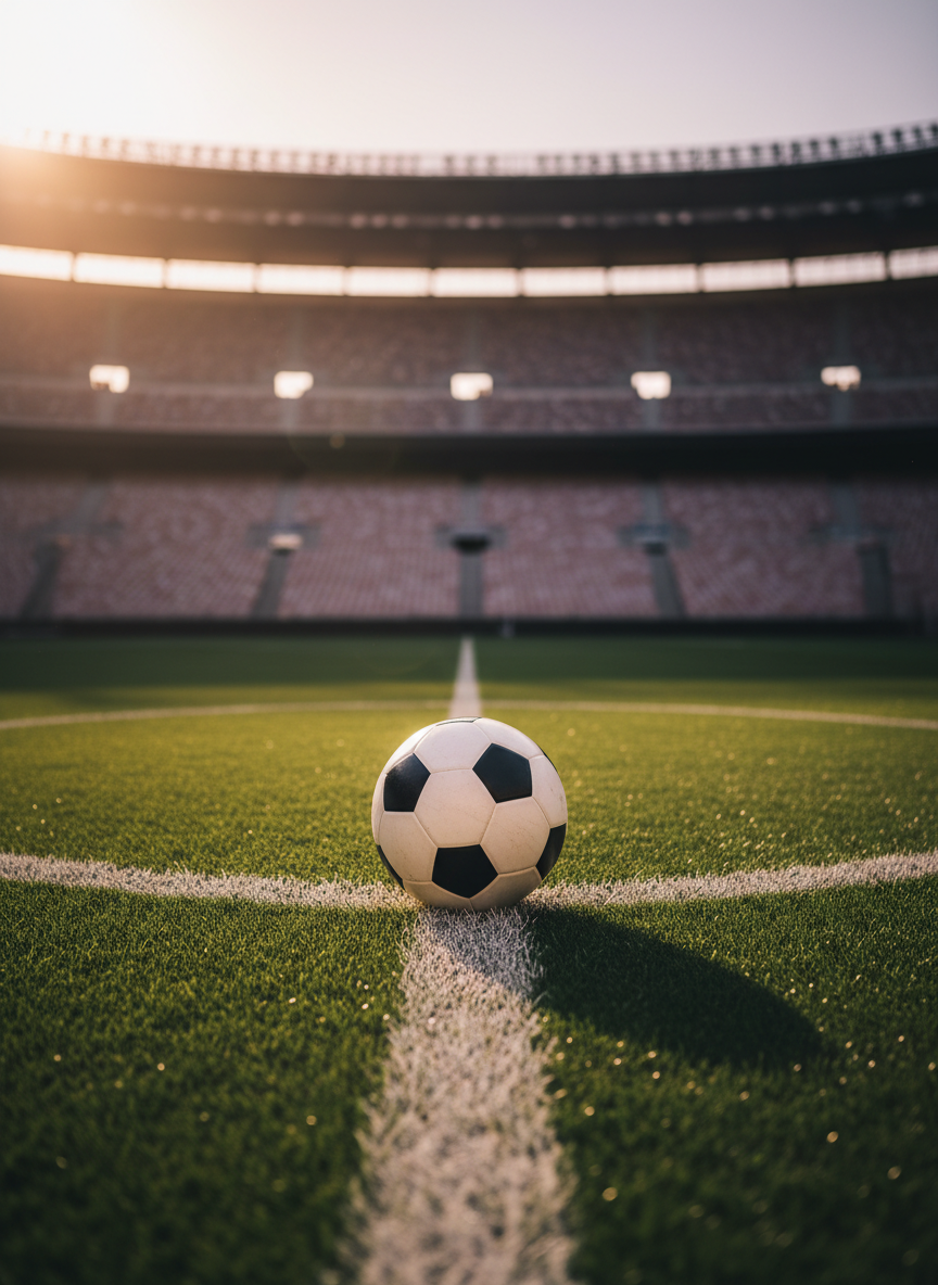 A pristine, modern football resting on a lush, perfectly trimmed green pitch inside a large stadium, with no players present. The ball shows detailed stitching and subtle wear, positioned exactly on the bright white center circle line. Late afternoon natural light pours in from the upper stands, creating long, defined shadows and a golden rim of light around the ball. The empty stands fade into a soft photographic blur, emphasizing the sense of anticipation. Shot from a low, eye-level angle close to the grass, with a shallow depth of field that highlights the texture of each grass blade. The mood is professional, dramatic, and focused, ideal for a real-time Argentina football news homepage.