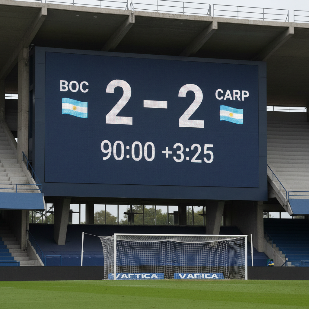A close-up of a large wall-mounted digital scoreboard in an Argentine football stadium, showing an intense 2–2 scoreline with the timer in the final minutes. The LED digits glow in bright white against a deep navy background, with team abbreviations and a small Argentine flag icon visible in crisp detail. Overcast natural light seeps into the scene, softening the surrounding concrete structure, while the scoreboard itself remains sharply illuminated. The camera frames the board using the rule of thirds, leaving blurred hints of green pitch and goal netting at the bottom edge. The mood is tense, urgent, and competitive, captured in clean, photographic realism to illustrate live match result updates.