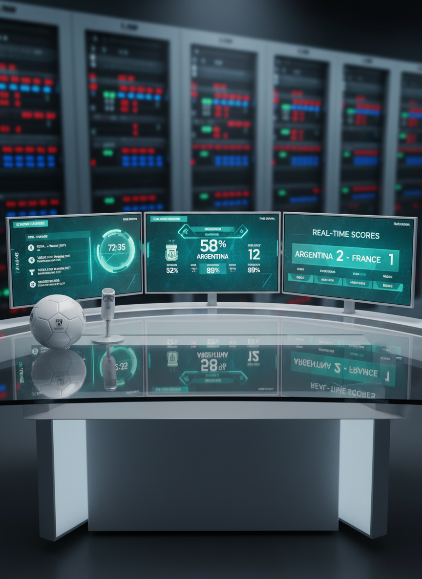 A sleek, ultra-modern digital newsroom desk featuring multiple large, thin-bezel screens displaying live football statistics, match timelines, and real-time Argentina scores, all in a cohesive teal and white color palette. A high-quality leather football sits on the glass surface beside a minimalist microphone, both sharply detailed. Cool, diffused studio lighting reflects softly off the screens and desk, creating clean highlights and subtle reflections. The background shows blurred server racks and LED status lights, giving a sense of high-tech infrastructure. Captured from a slightly elevated angle with a balanced composition, the image feels fast-paced, data-driven, and authoritative, perfectly matching a professional photographic realism style for breaking football news coverage.