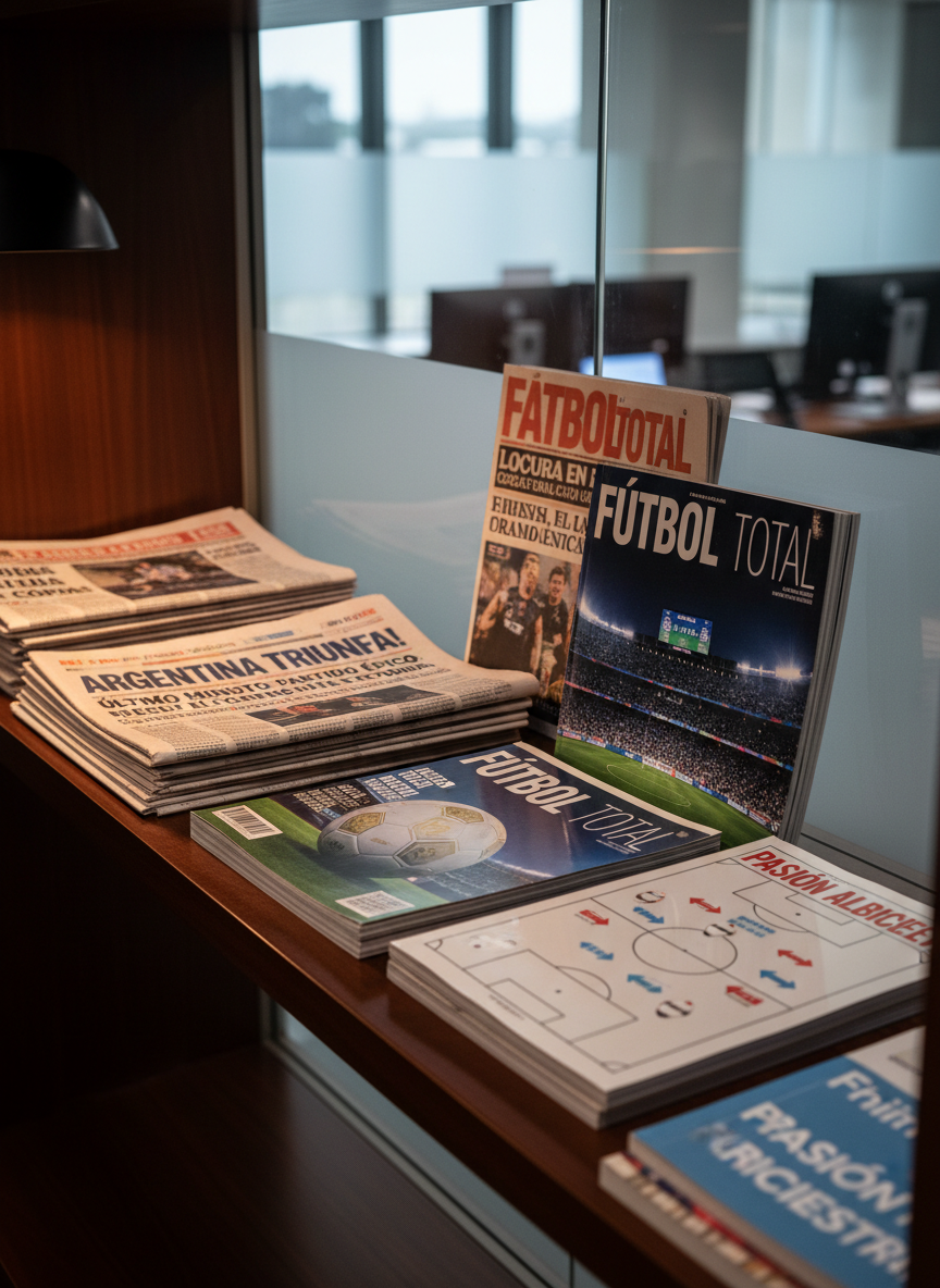 A high-resolution close-up of a polished wooden shelf displaying neatly stacked sports newspapers and glossy football magazines, all featuring bold headlines about Argentina’s latest matches and dramatic results. Prominent cover photos show footballs, stadiums, and tactics boards, but no players or faces. Warm, directional indoor lighting from a nearby lamp creates soft highlights on the glossy covers and subtle shadows between each stack, adding depth and richness. The background gently fades into blur, revealing only hints of a modern newsroom interior with sleek metal framing and glass partitions. Photographed at a slight diagonal angle for dynamic composition, the mood is authoritative, informed, and perfectly suited to a professional news brand focused on timely football coverage.