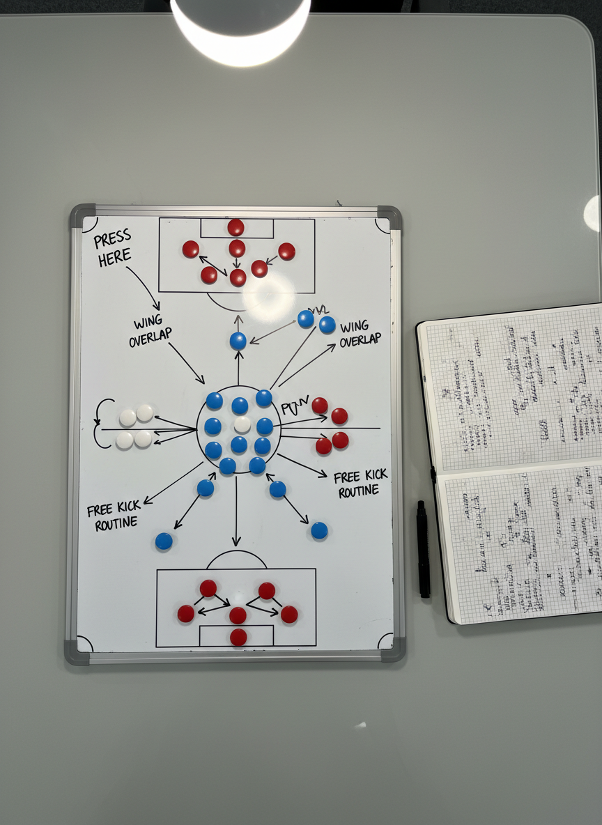 A detailed top-down view of a tactical whiteboard in a professional football analysis room, covered with meticulously placed colored magnets representing players in an Argentina match. Blue and white magnets form one team shape, while contrasting red magnets mark the opposition, with precise arrows and annotations drawn in fresh black marker ink. The board rests on a smooth, light gray table, alongside an open notebook filled with tight, handwritten match notes and a high-end black marker uncapped nearby. Soft overhead office lighting creates even illumination with minimal shadows, highlighting the clarity of every symbol. The composition is crisp and organized, with sharp focus across the frame, evoking a professional, analytical mood ideal for deep tactical breakdown articles.